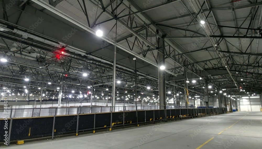 Fototapeta premium Spacious Industrial Warehouse Interior with Bright LED Lighting