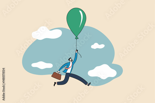 Financial bubble by QE injected money concept, businessman investor holding flying balloon tight afraid to fall off.