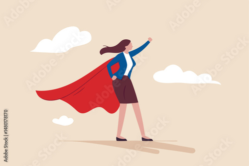Lady power, woman leadership, feminism or female empowerment concept, confidence powerful businesswoman wearing business suit with superhero cape.