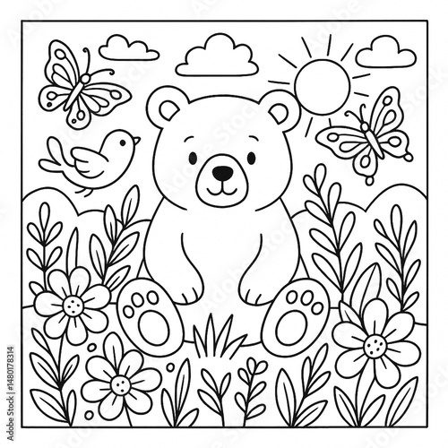 Cute Bear in Nature – Printable Coloring Page for Kids