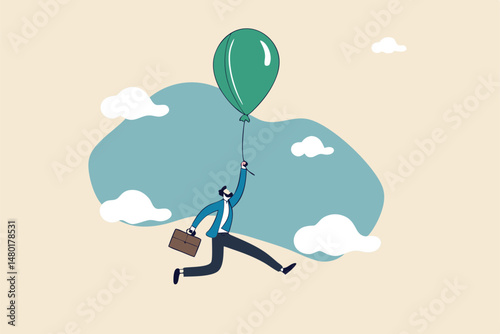 Financial bubble by QE injected money concept, businessman investor holding flying balloon tight afraid to fall off.