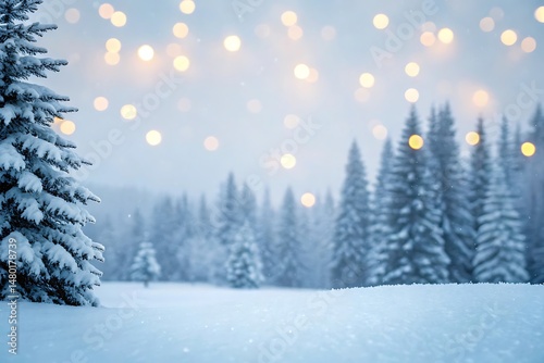 Snowy winter background with soft bokeh – Christmas and New Year greeting template