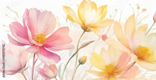 Ilustración de flores rosadas, amarillas y blancas sobre un fondo transparente, con colores pastel, en un estilo de acuarela