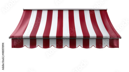 Red and white striped awning with a scalloped edge.
