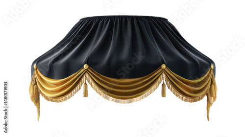 Luxurious black and gold curtain valance with elegant draping and detailed tassels.