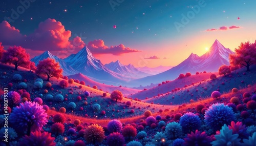 Geometric digital landscape with vibrant hues, circles, polygons, modern