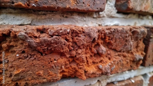 A close-up shot of a weathered brick with a rough, uneven surface, showcasing the natural texture and imperfections of aged brick