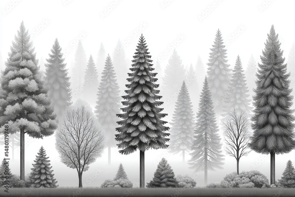 Obraz premium Pixel art misty forest with soft fog effects moving through pixel pine trees in grayscale palette