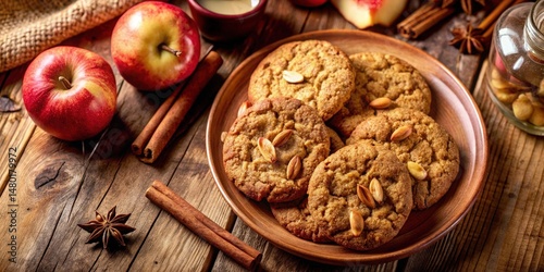 A plate of homemade cookies with nuts, cinnamon sticks, and apples on a wooden surface.