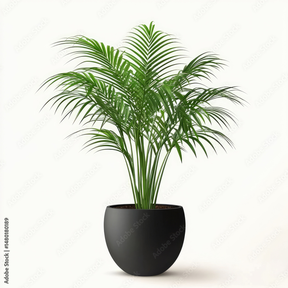 Obraz premium A vibrant green palm in a sleek black pot, isolated on a white background