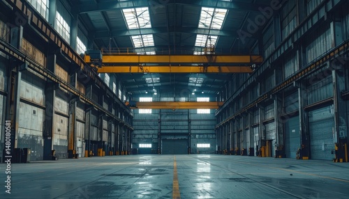 Spacious Industrial Warehouse Interior with High Ceilings and Cranes
