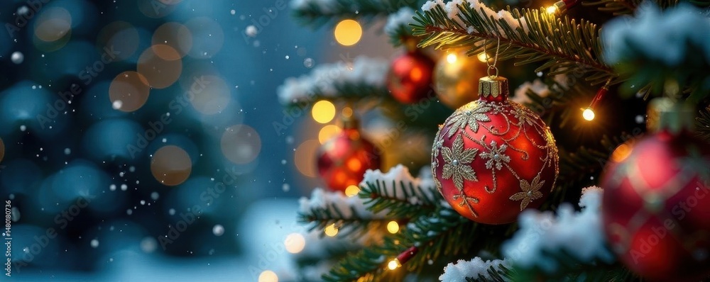 Glowing lights illuminate golden ornaments hanging on a snowy Christmas tree , gold, xmas Glowing lights illuminate golden ornaments hanging on a snowy Christmas tree , gold, xmas