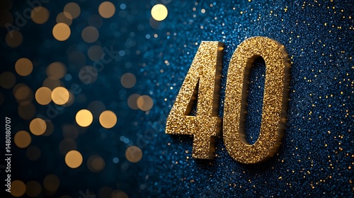 Golden glittery number 40 on a sparkling blue background with bokeh lights, celebrating a milestone anniversary or birthday.