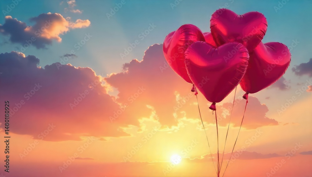 Fototapeta premium Heart-shaped balloons float against a vibrant sunset, symbolizing love and celebration , heart, orange