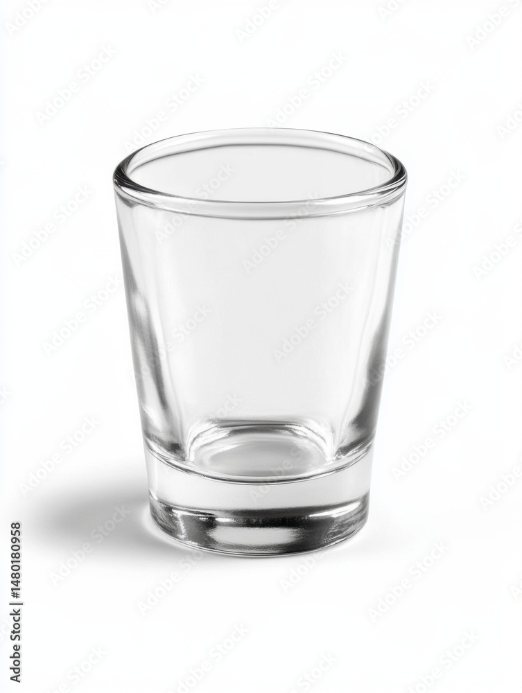 Clear glass shot glass on white background studio shot close up front view for alcohol or beverage use Clear glass shot glass on white background studio shot close up front view for alcohol or beverage use
