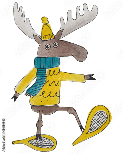 Watercolor Cartoon moose in winter clothes and snowshoes, funny animal illustration