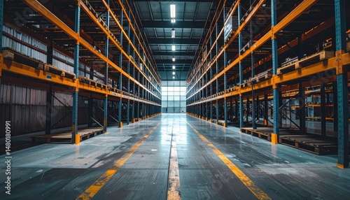 Empty Warehouse Interior with Shelving Units and Bright Lighting