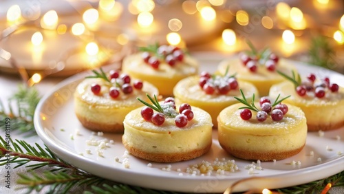 Mini cheesecakes with cranberries and rosemary sprigs, dusted with powdered sugar, on a white plate with a festive bokeh background
