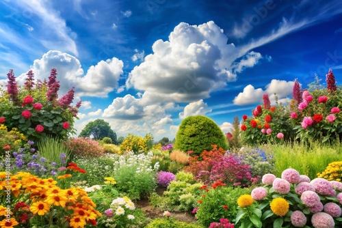 Textured Floral Garden Design with White Clouds,  Elegant Botanical Pattern Background