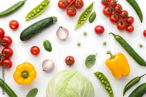 Flat lay of fresh vegetables on white – seasonal produce variety