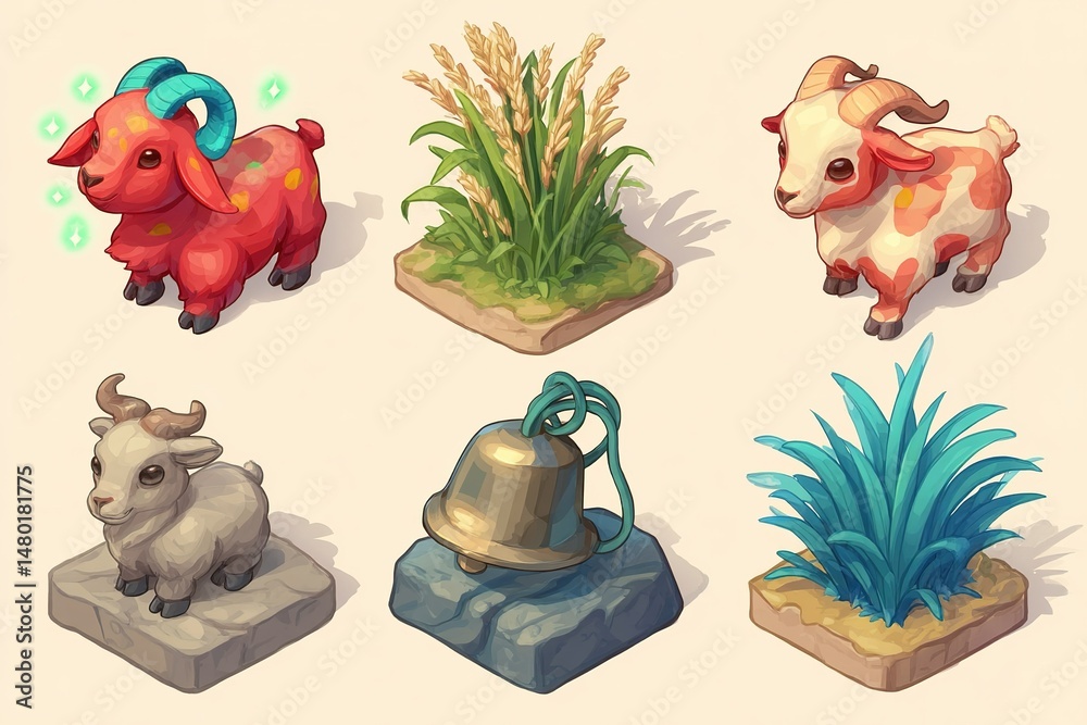 Obraz premium Colorful farm animals and plants create a vibrant rural landscape for a playful adventure game