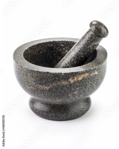 A traditional granite mortar and pestle, rough textured surface, handcrafted look, isolated on clean white background, overhead lighting, 