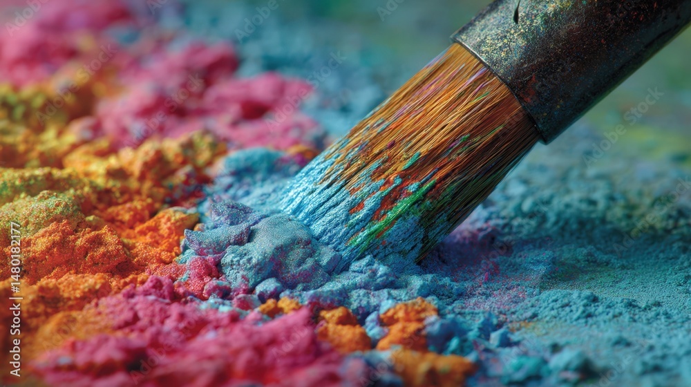 Naklejka premium Vibrant Colorful Paint Powder Texture with Artist Brush Close Up A Macro Shot of Artistic Pigment