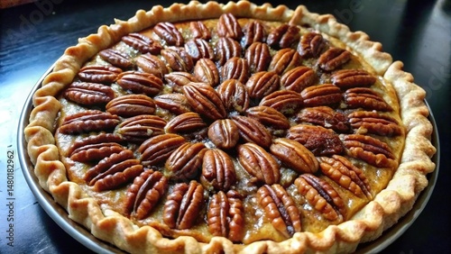 A golden brown pecan pie with a flaky crust and a sweet, nutty filling, perfect for a holiday gathering.
