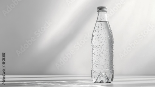 Clear glass bottle filled with sparkling water on table against a soft gradient background with light reflections