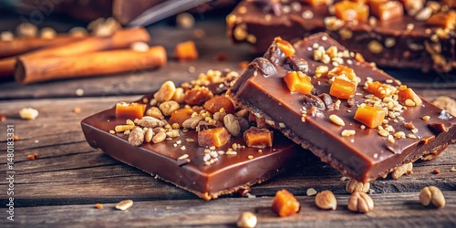 A close-up view of decadent chocolate squares topped with caramelized nuts and candied orange pieces, resting on a rustic wooden surface.