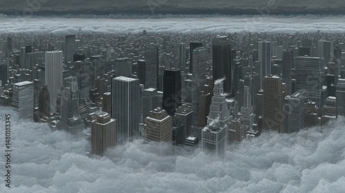 City floating above clouds, aerial view, urban landscape, possible use in travel or fantasy photo