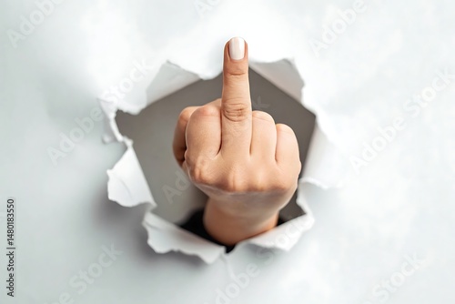 Female hand making rude gesture through torn paper – provocative concept photo