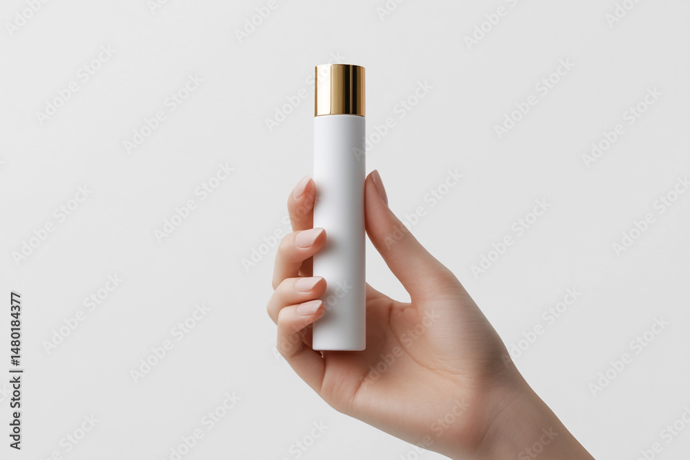 © Wizard - Hand holding white bottle gold cap beauty product minimalist design