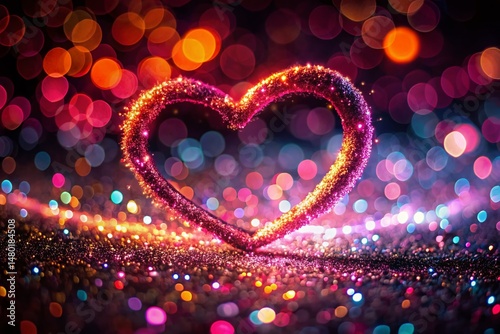Valentine's Day Heart Shaped Neon Glitter Texture - Long Exposure Stock Photo