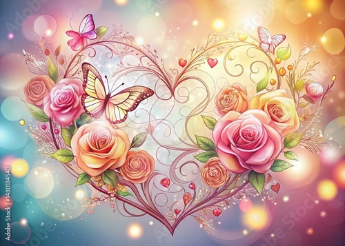 Valentine's Day Rose Hearts Butterflies Doodle Pattern - Romantic Floral Background