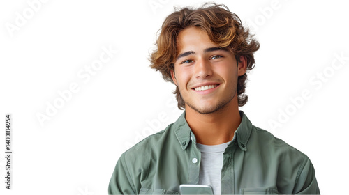 Happy young man holding phone. (1)