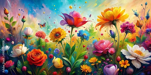 Vibrant Abstract Floral Garden Paint Splatter Design - Stock Photo