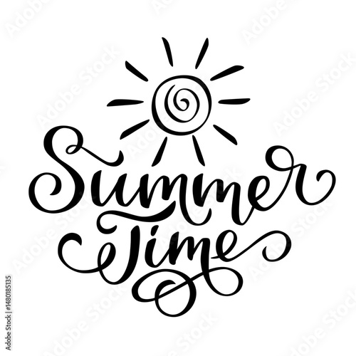 Summer Time lettering in script style. Black letters on white background. Brush hand written calligraphy style with flourish	