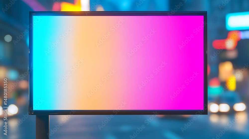 Fototapeta premium A brightly lit blank billboard with a colorful gradient stands on a city street at night, surrounded by blurred neon lights.