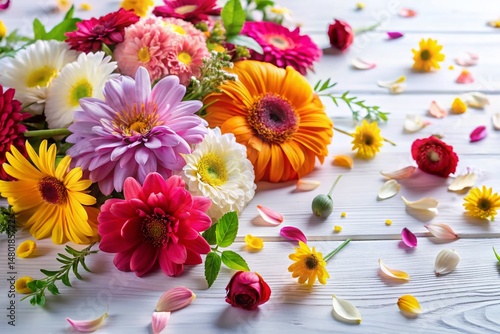 Vibrant Colorful Flowers & Petals Scattered on White Background - Stock Photo