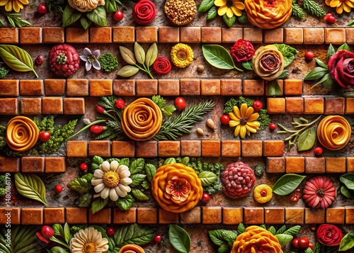Vibrant Floral Brick Pattern Food Photography Background
