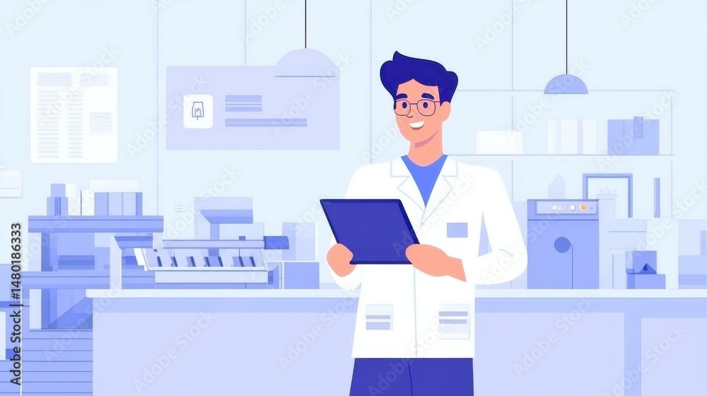 Friendly Pharmacist in Modern Pharmacy with Tablet Device Friendly Pharmacist in Modern Pharmacy with Tablet Device