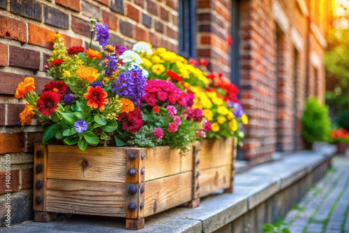 Vibrant Flowers in Reclaimed Brick Planter Box - Spring Garden Decor