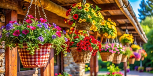 Vibrant Floral Plaid Hanging Baskets Enhance Patio Decor