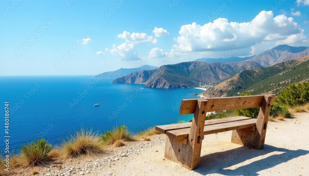 Fototapeta premium Rustic wooden bench overlooking the Aegean Sea in Greece , sea, holiday, traditional