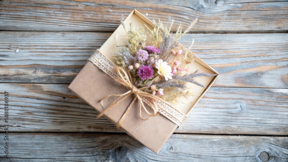 A gift box adorned with a delicate arrangement of dried flowers, tied with rustic twine, sits atop a weathered wooden surface. A gift box adorned with a delicate arrangement of dried flowers, tied with rustic twine, sits atop a weathered wooden surface.