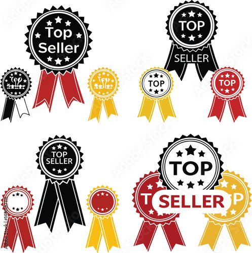 A set of top seller badges in black red and yellow on white background