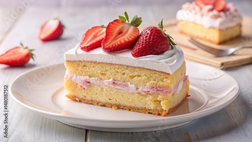 A slice of strawberry cake with whipped cream and strawberry filling, on a white plate, surrounded by additional strawberries and the faint suggestion of a second cake in the background.