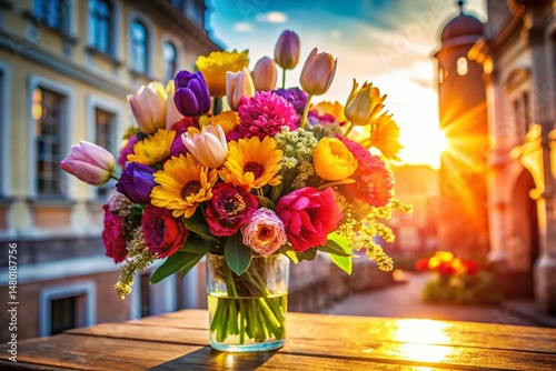 Vibrant Multicolored Flower Bouquet, Fresh Romance, Architectural Setting
