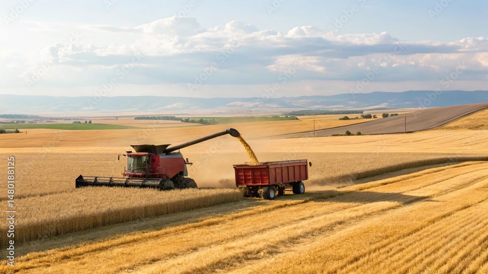 Obraz premium A large combine operates in a field of ripe grain under a warm sunset sky, emphasizing the efficiency of machinery and the beauty of the agricultural landscape during harvest. 
